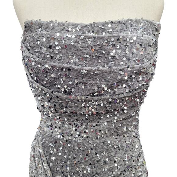 NWT Silver Strapless Sequin Evening Gown with Corset Back on Velvet Fabric - Picture 3 of 13